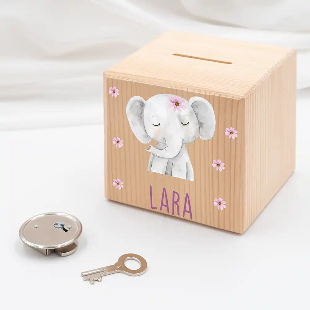 Tirelire personnalisée enfant, idée cadeau de naissance, motif éléphant fleuri — Kidsmood