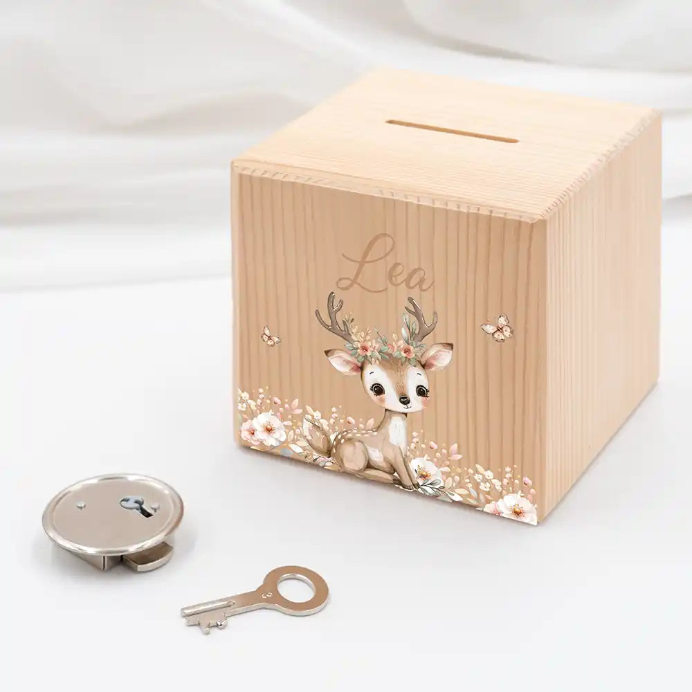 Tirelire personnalisée enfant, idée cadeau de naissance, motif faon et papillons — Kidsmood