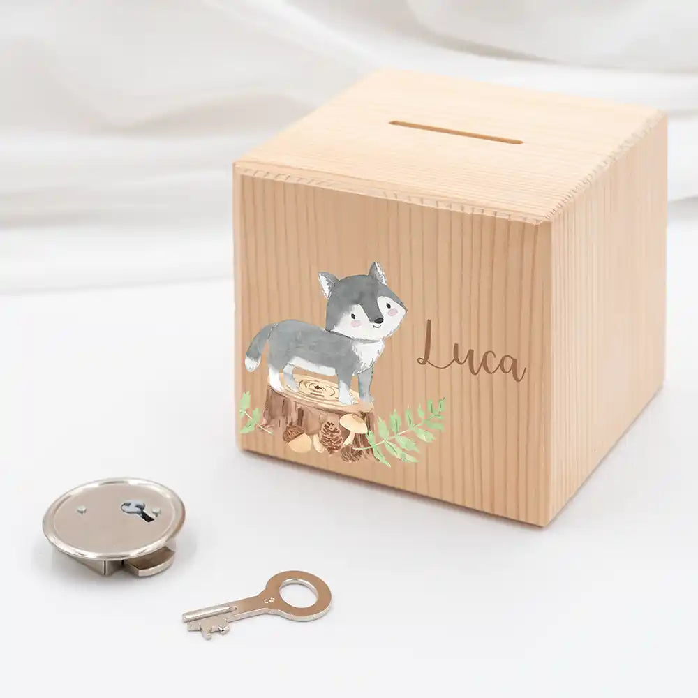 Tirelire personnalisée enfant, idée cadeau de naissance, motif loup — Kidsmood