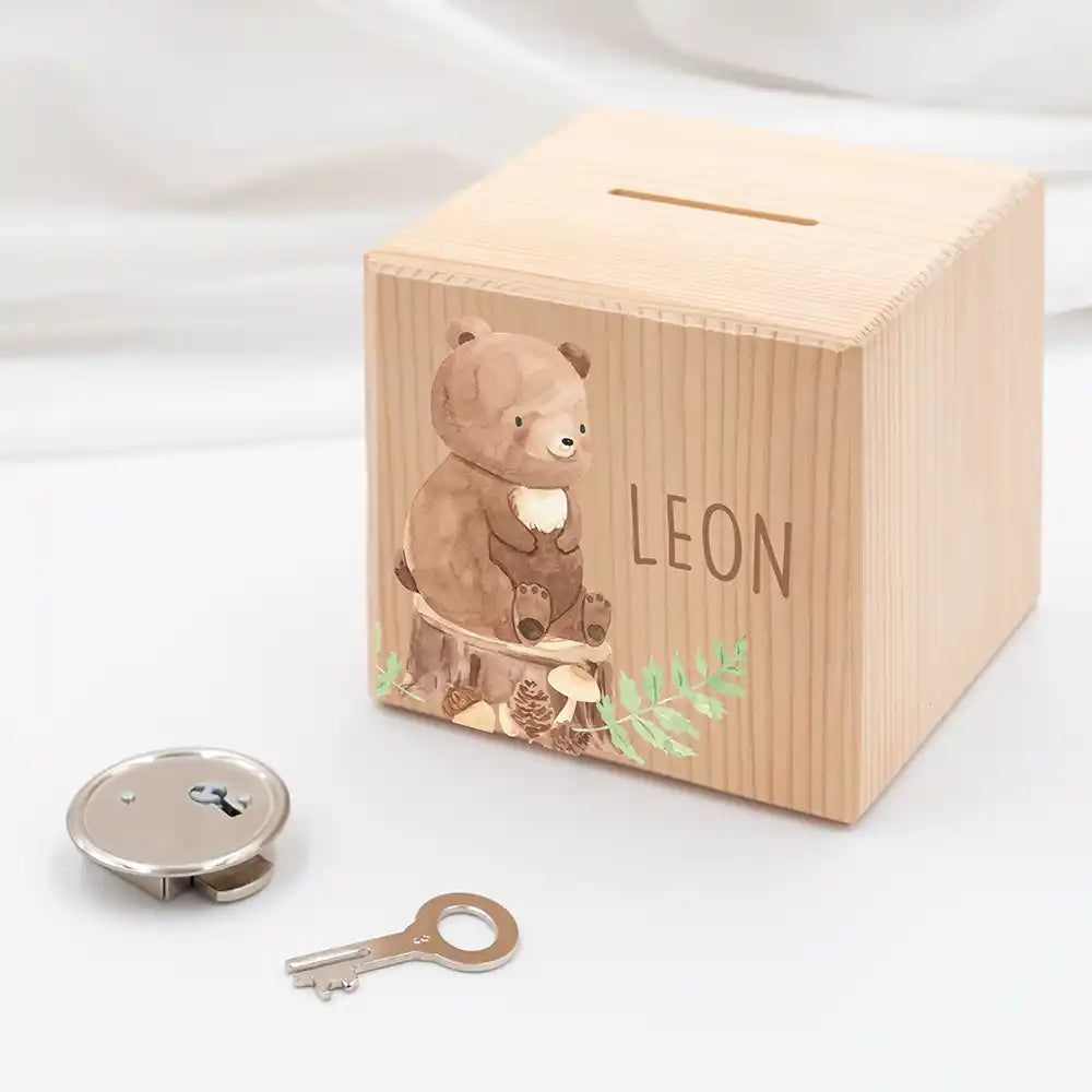 Tirelire personnalisée enfant, idée cadeau de naissance, motif ours des bois — Kidsmood