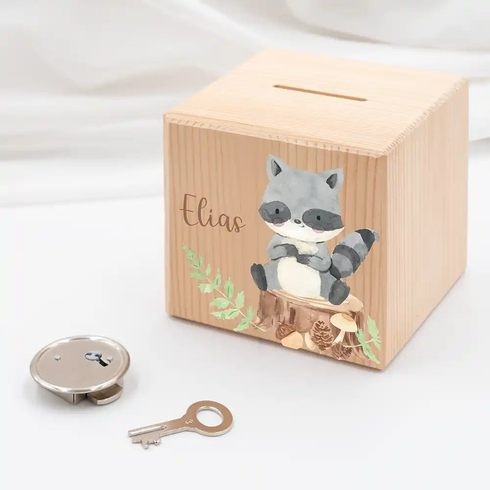 Tirelire personnalisée enfant, idée cadeau de naissance, motif raton laveur — Kidsmood
