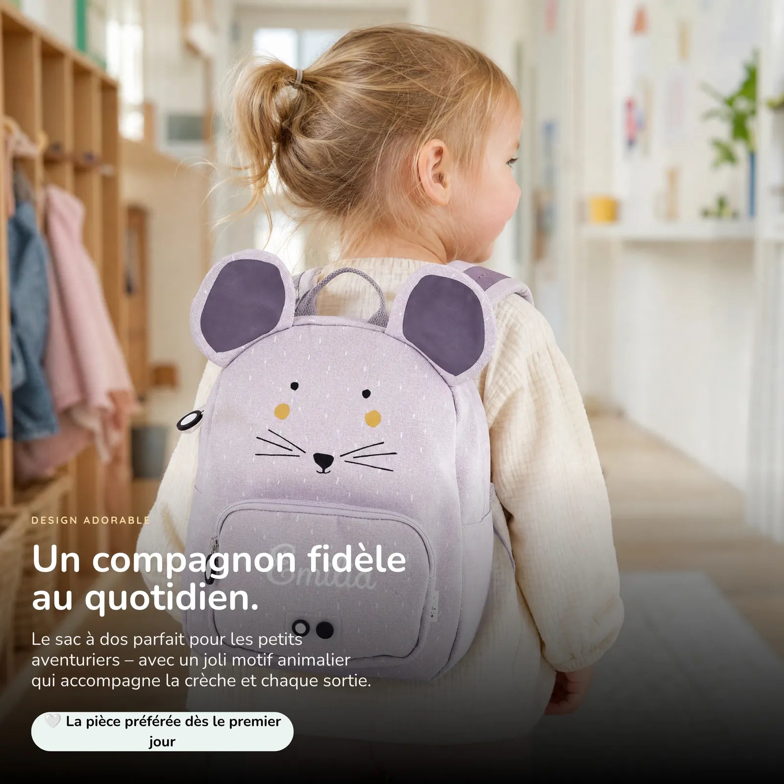 Sac à dos Souris porté, prénom brodé au fil blanc — Kidsmood