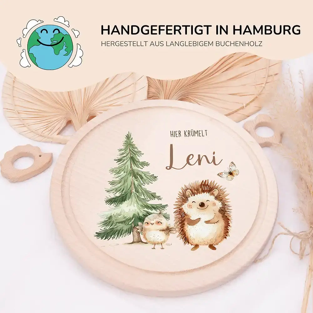 Rundes personalisiertes Frühstücksbrettchen Igel mit Namen für Kinder