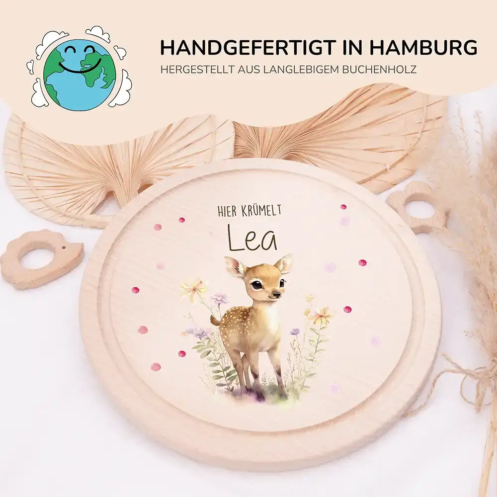 Rundes personalisiertes Frühstücksbrettchen Reh mit Namen für Kinder