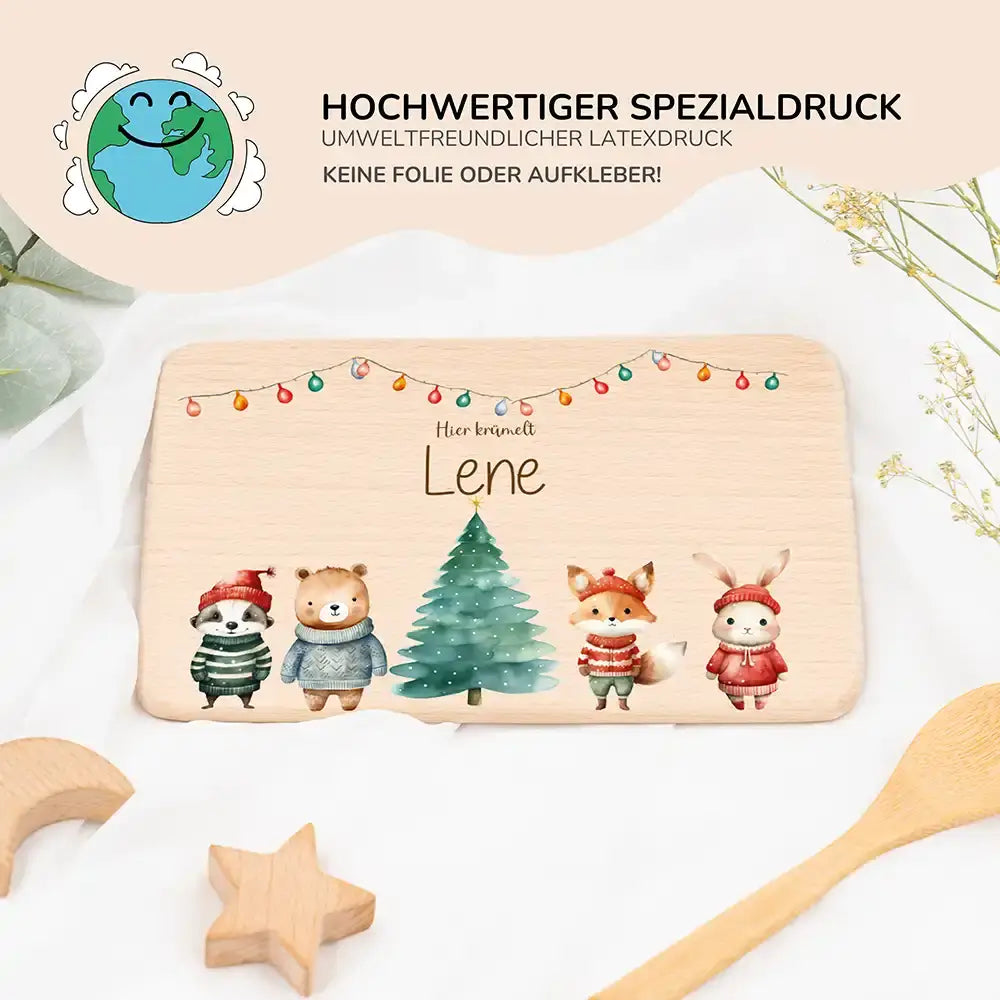 Frühstücksbrettchen Weihnachten mit Tieren und Lichterkette - Geschenk Weihnachten