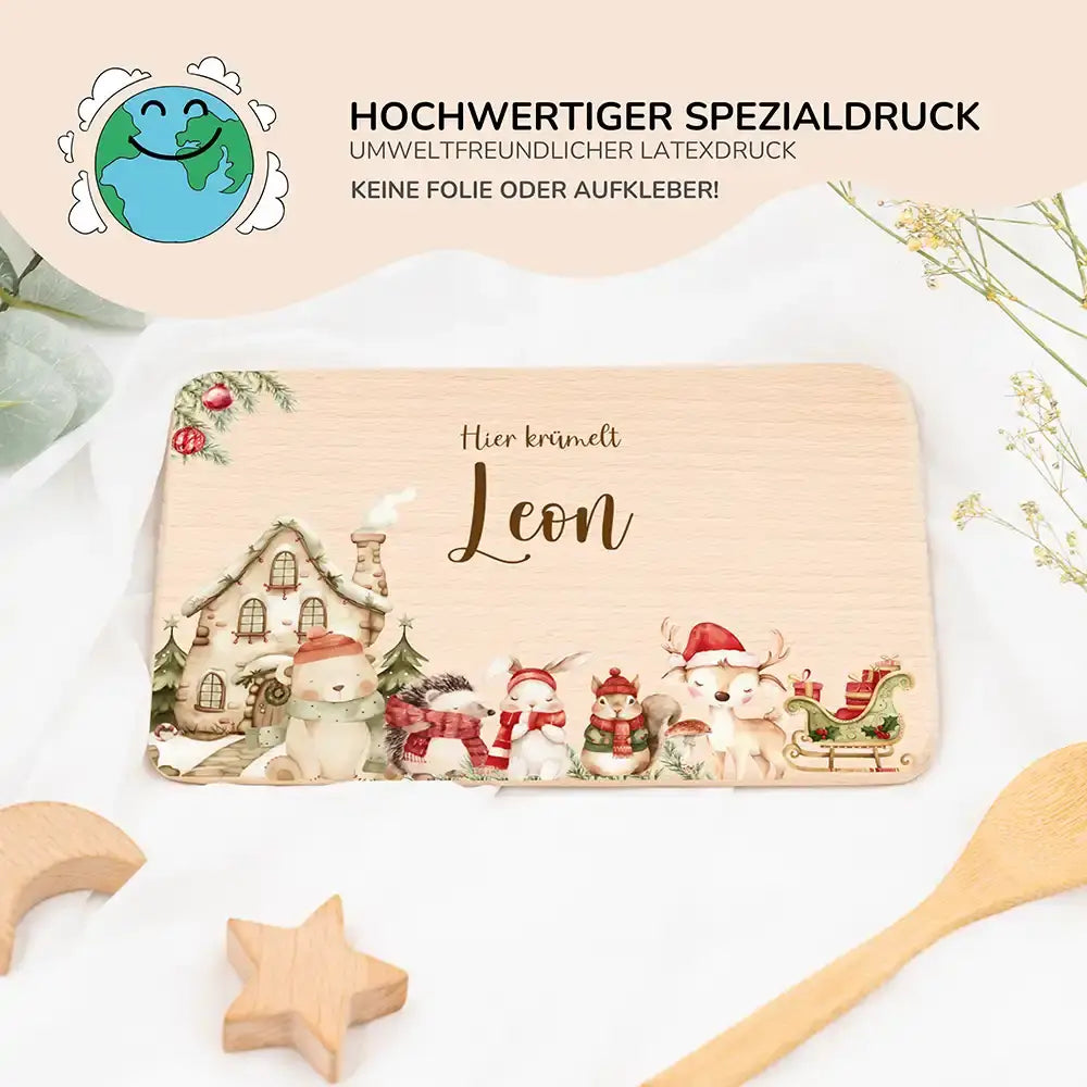 Frühstücksbrettchen Weihnachten Winterdorf mit Tieren - Geschenk Weihnachten