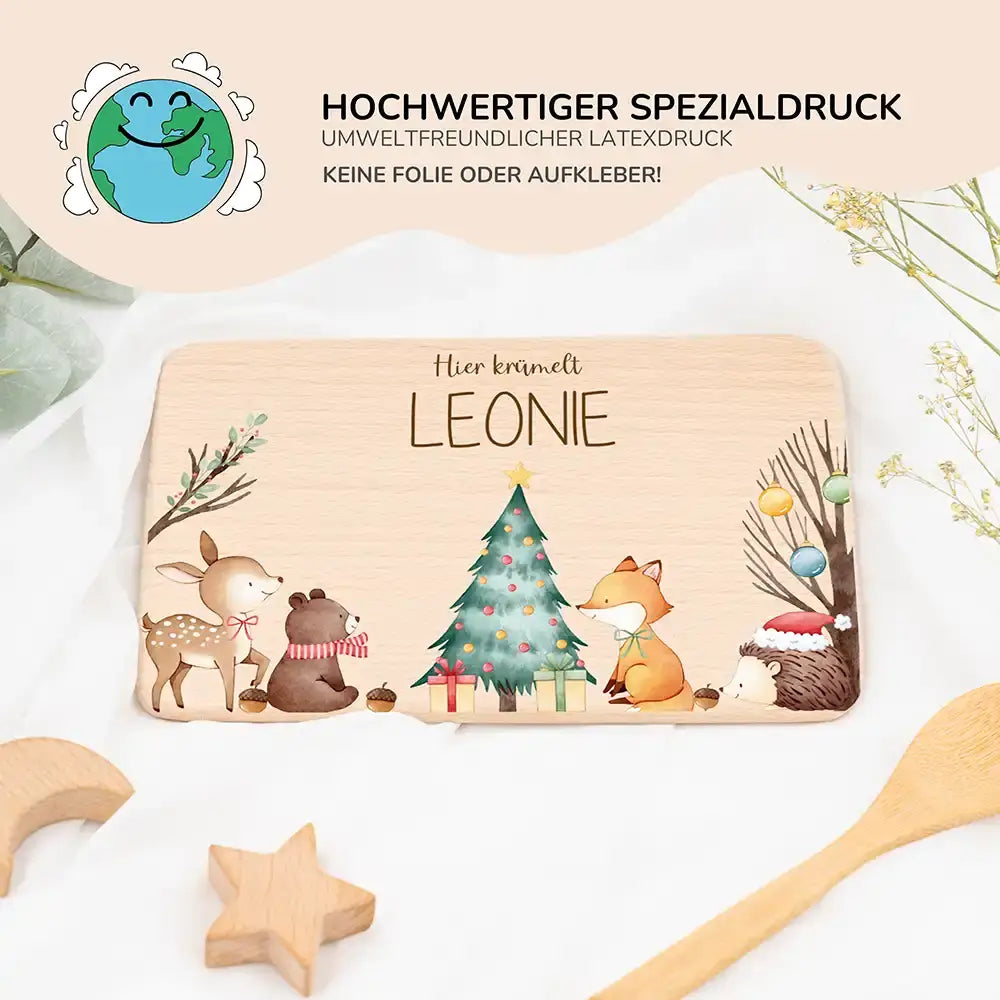 Frühstücksbrettchen Weihnachten Waldtiere um den Weihnachtsbaum - Geschenk Weihnachten