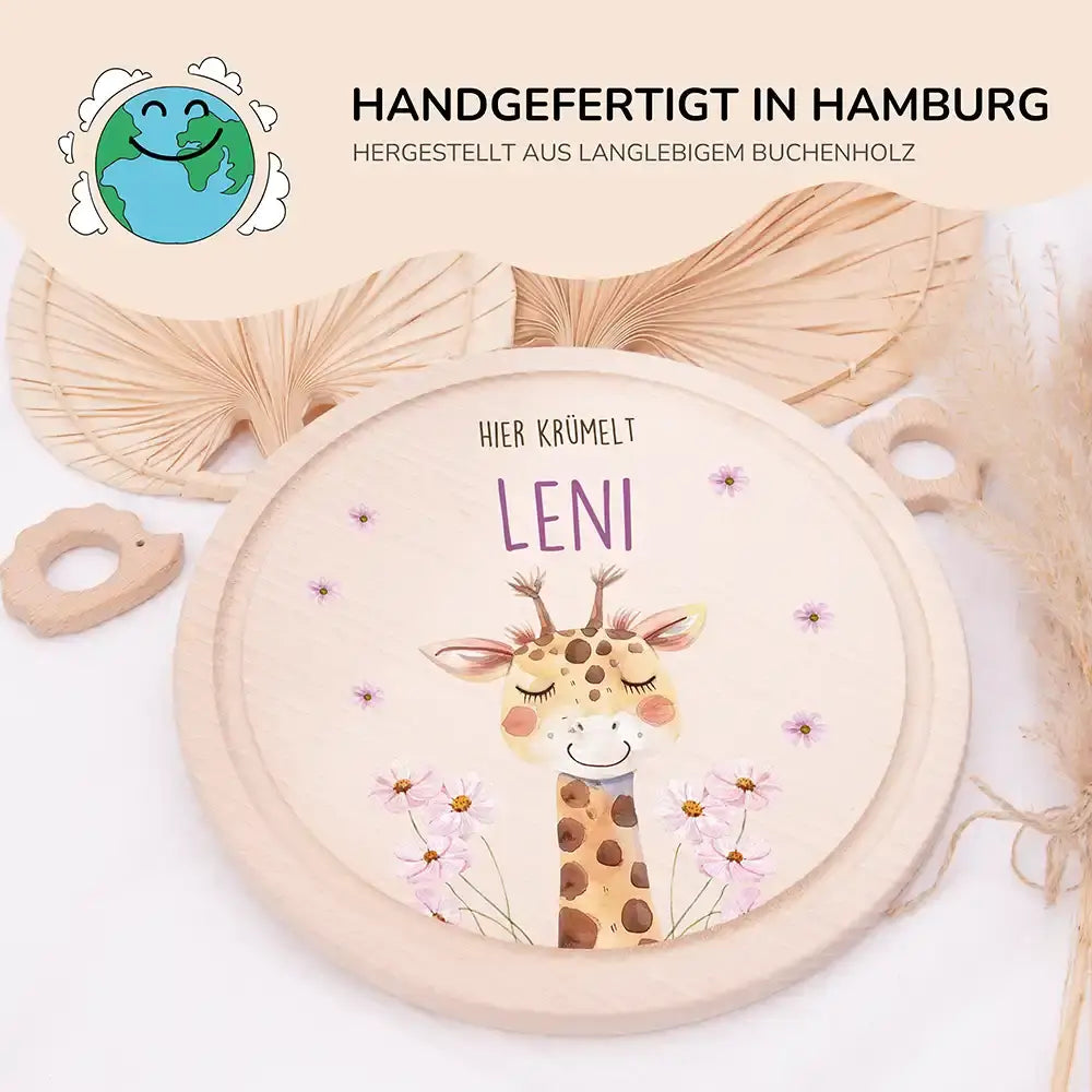Rundes personalisiertes Frühstücksbrettchen Giraffe mit Namen für Kinder