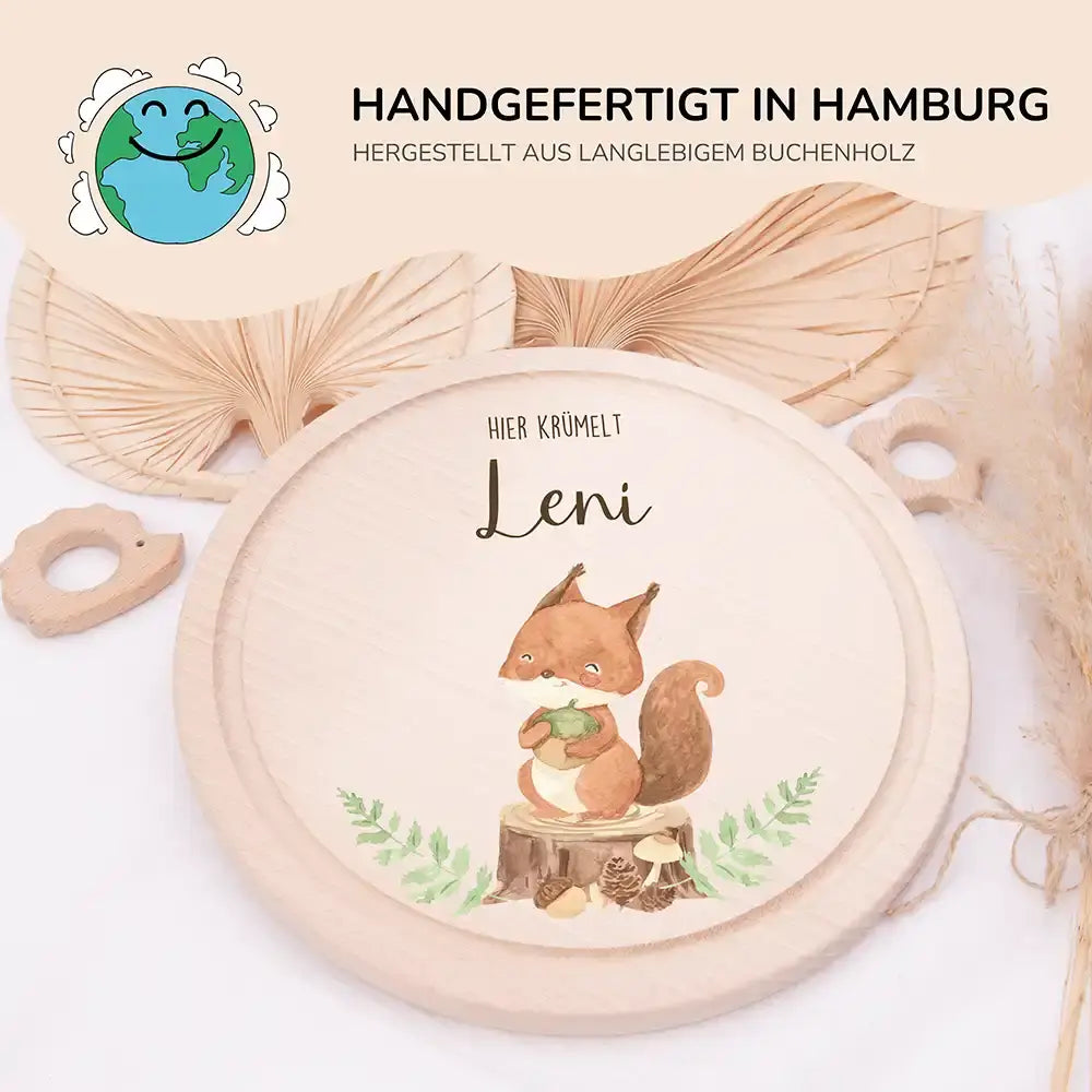 Rundes personalisiertes Frühstücksbrettchen Eichhörnchen mit Namen für Kinder
