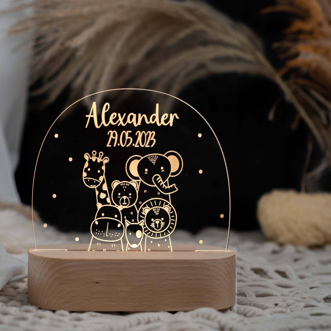 nachtlampe mit tierfreunde und namensgravur