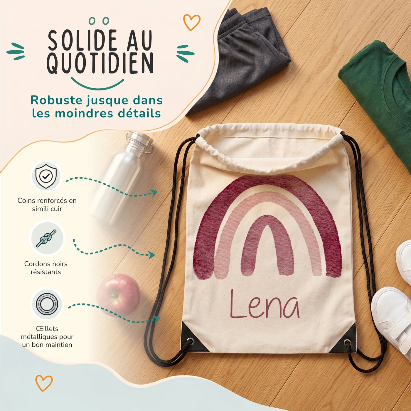 Sac de sport enfant avec coins renforcés, œillets métalliques et cordons noirs, motif arc-en-ciel — Kidsmood