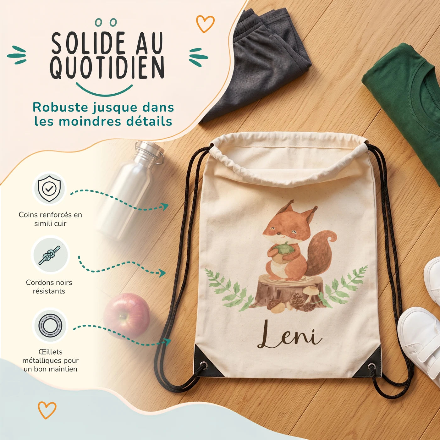 Sac de sport enfant avec coins renforcés, œillets métalliques et cordons noirs, motif écureuil — Kidsmood