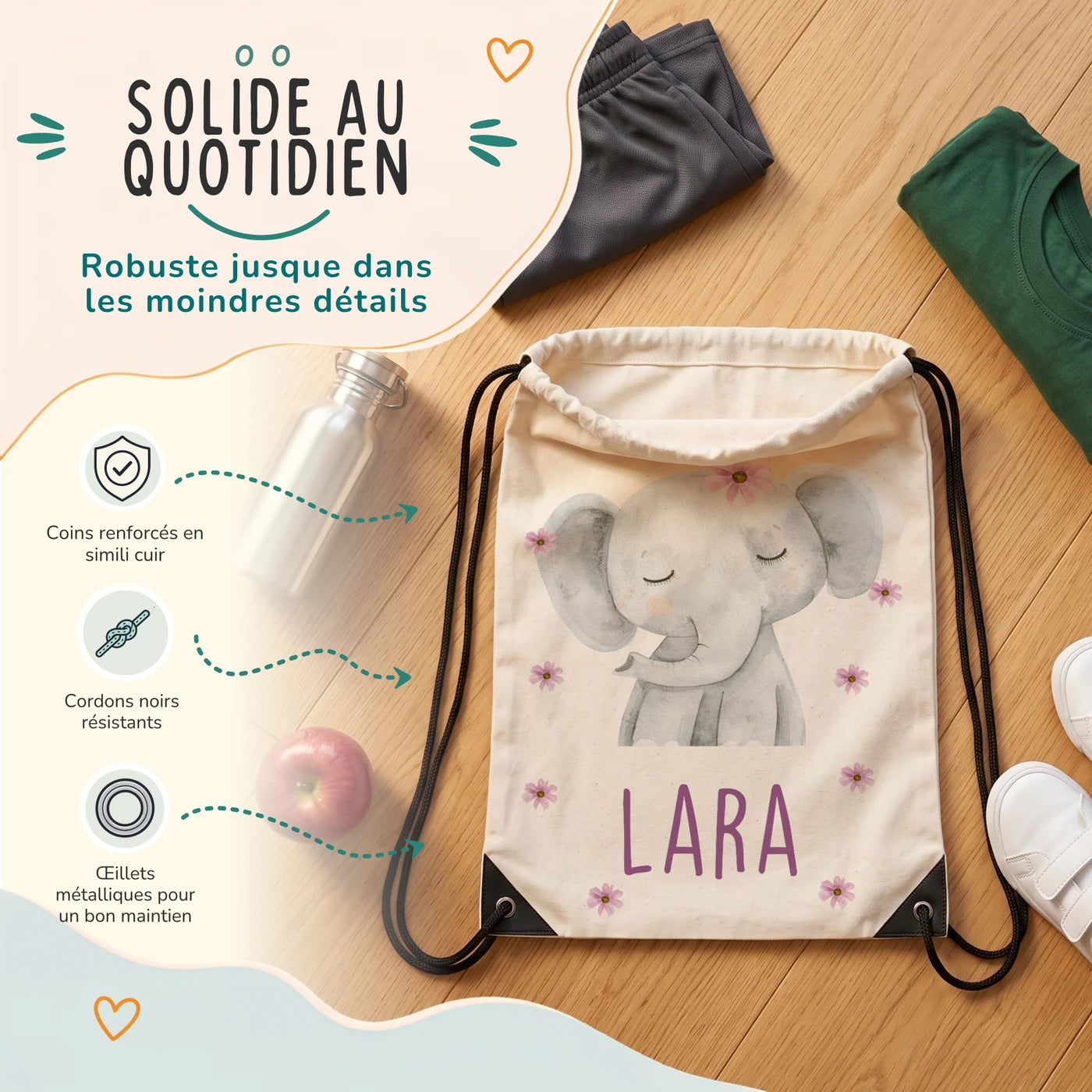Sac de sport enfant avec coins renforcés, œillets métalliques et cordons noirs, motif éléphant fleuri — Kidsmood