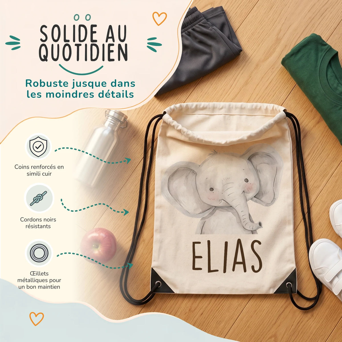 Sac de sport enfant avec coins renforcés, œillets métalliques et cordons noirs, motif éléphant — Kidsmood