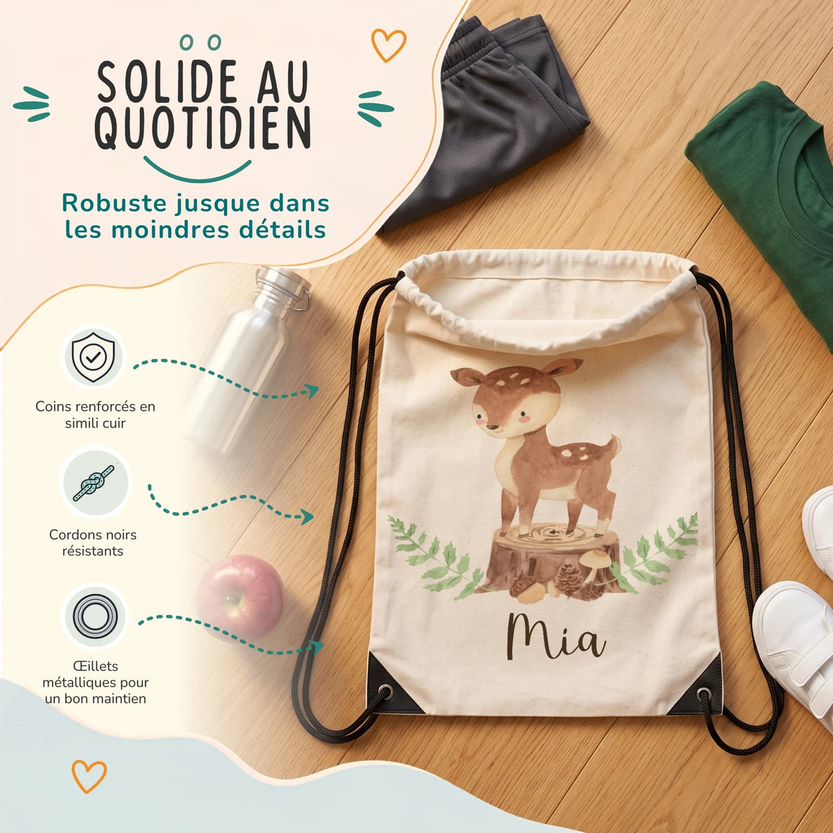 Sac de sport enfant avec coins renforcés, œillets métalliques et cordons noirs, motif faon des bois — Kidsmood