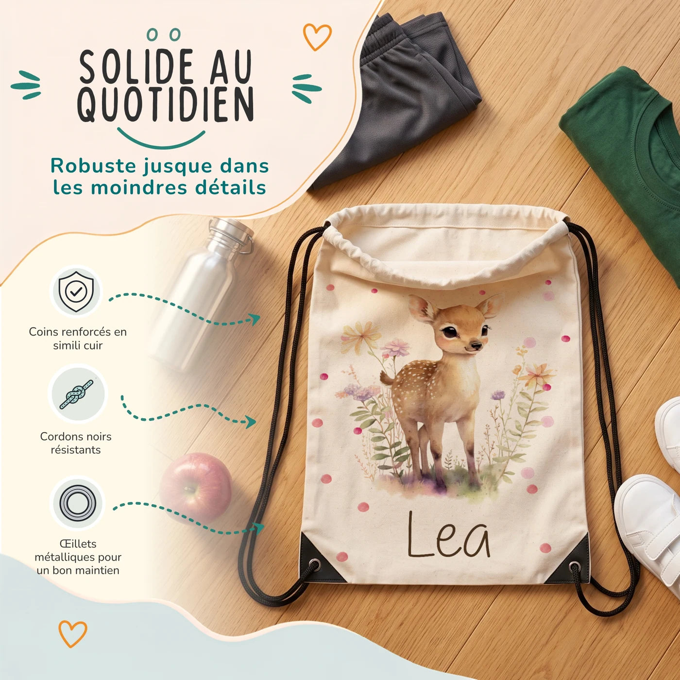 Sac de sport enfant avec coins renforcés, œillets métalliques et cordons noirs, motif faon des prés — Kidsmood
