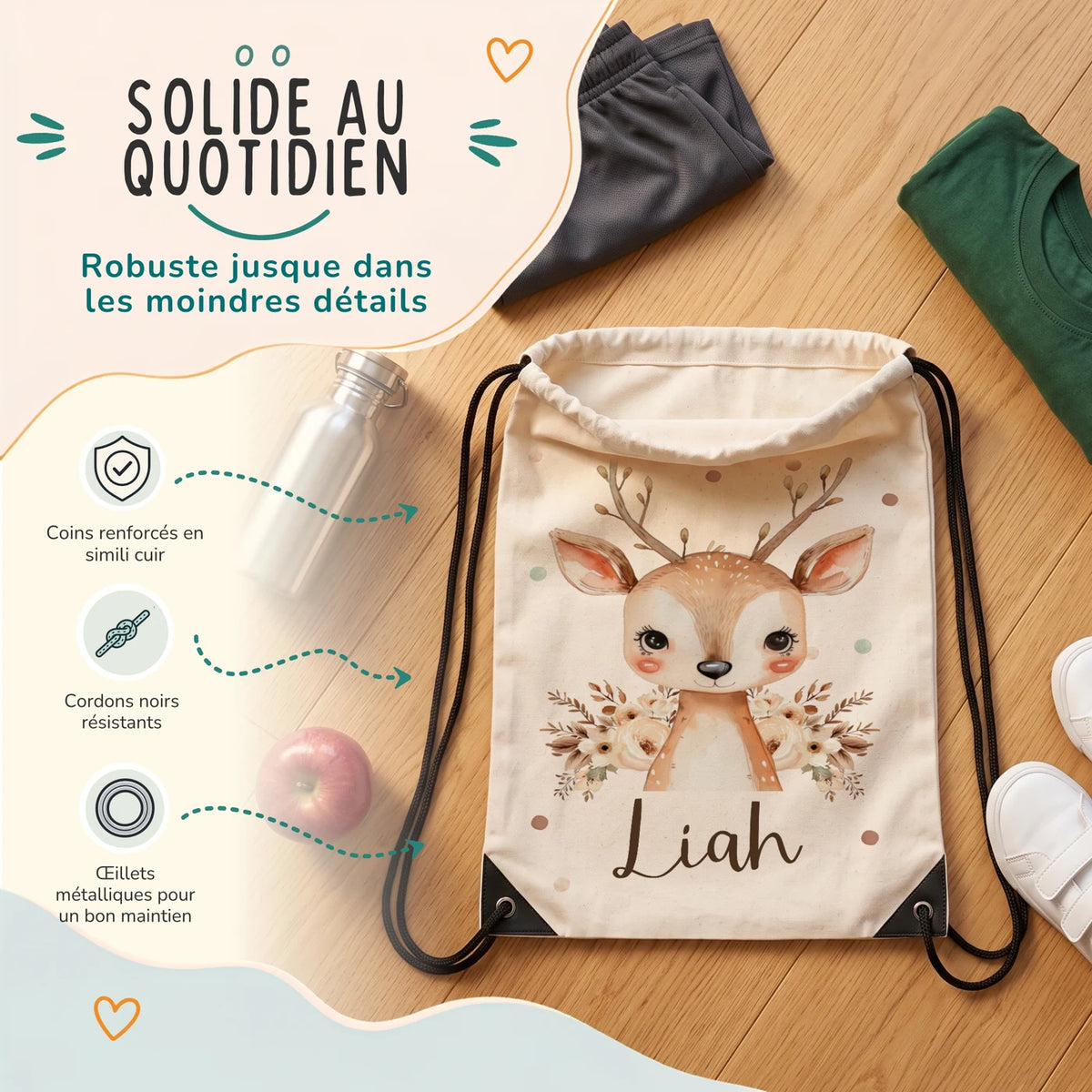 Sac de sport enfant avec coins renforcés, œillets métalliques et cordons noirs, motif faon fleuri — Kidsmood