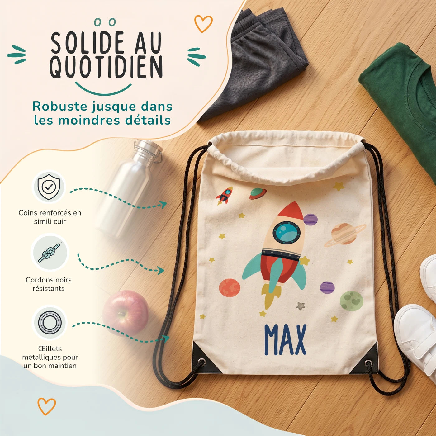 Sac de sport enfant avec coins renforcés, œillets métalliques et cordons noirs, motif fusée spatiale — Kidsmood
