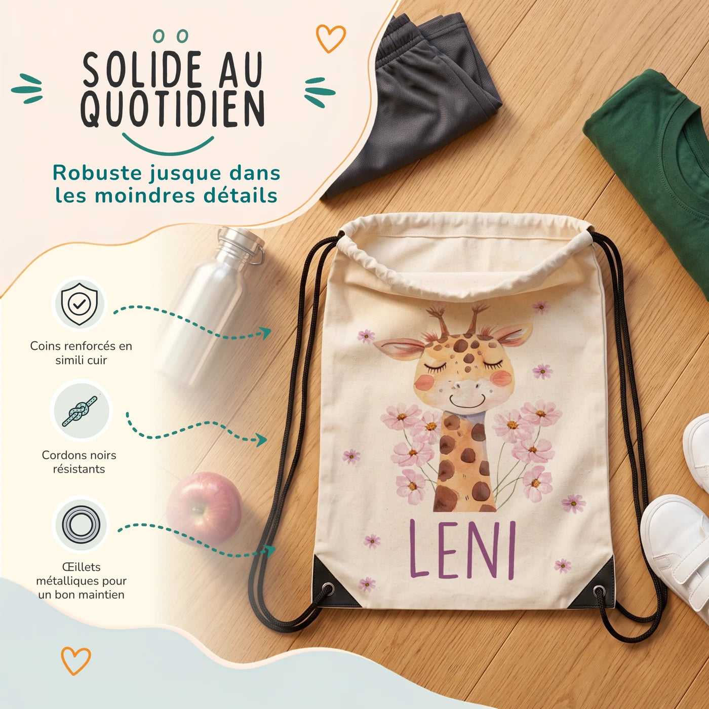 Sac de sport enfant avec coins renforcés, œillets métalliques et cordons noirs, motif girafe — Kidsmood