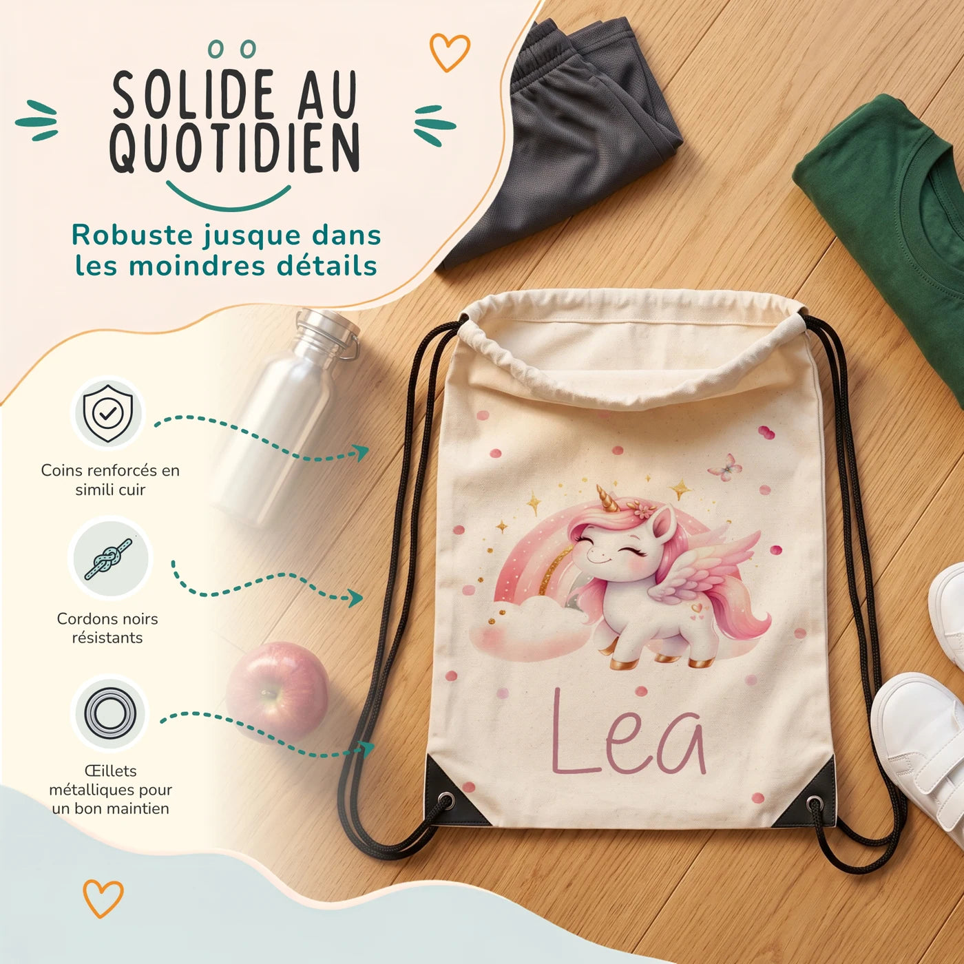 Sac de sport enfant avec coins renforcés, œillets métalliques et cordons noirs, motif licorne ailée — Kidsmood