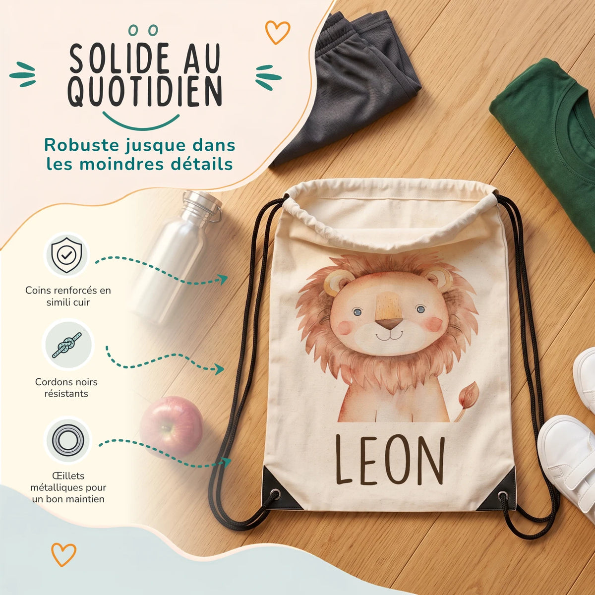 Sac de sport enfant avec coins renforcés, œillets métalliques et cordons noirs, motif lion — Kidsmood
