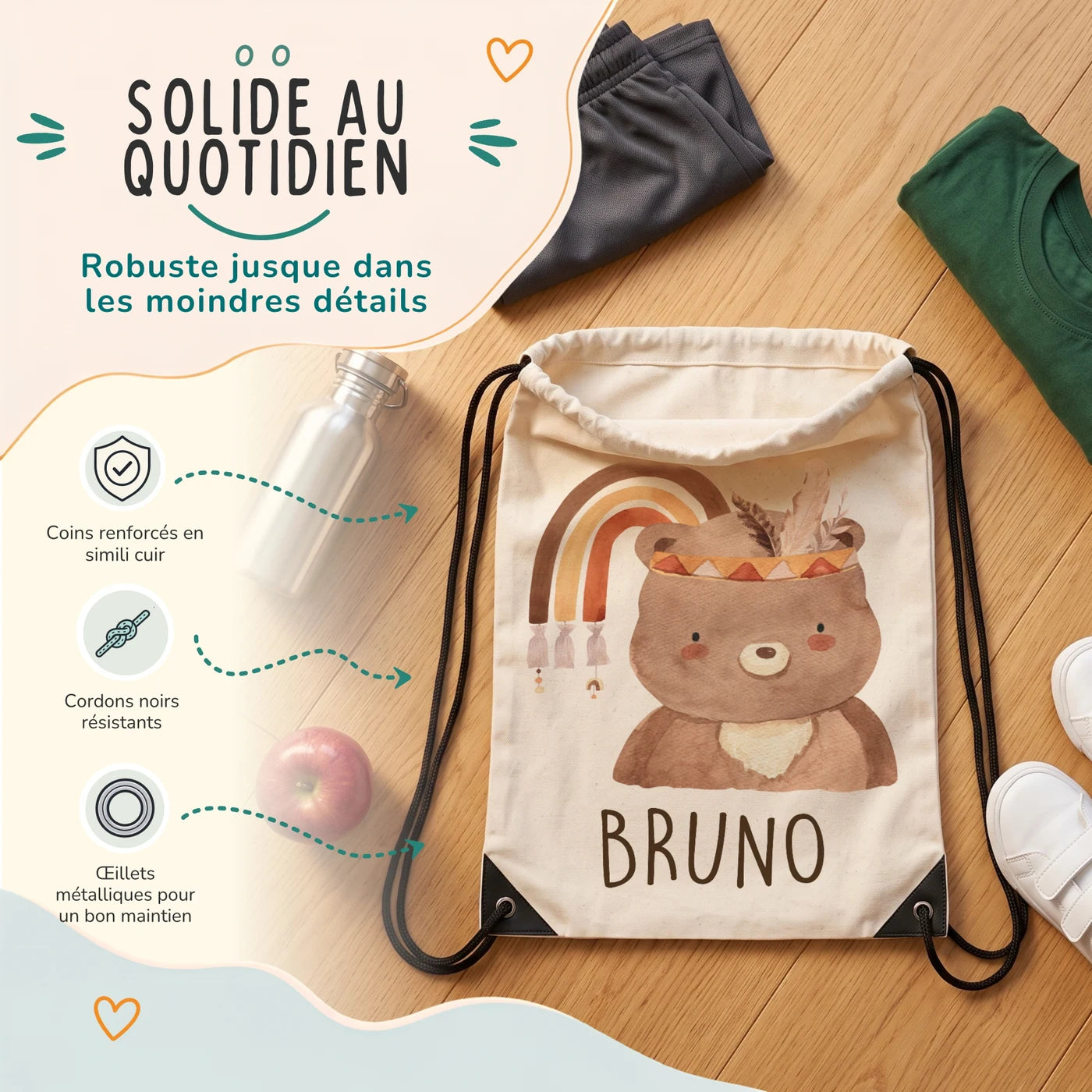 Sac de sport enfant avec coins renforcés, œillets métalliques et cordons noirs, motif ours bohème — Kidsmood