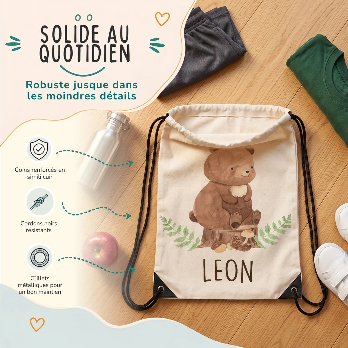 Sac de sport enfant avec coins renforcés, œillets métalliques et cordons noirs, motif ours des bois — Kidsmood