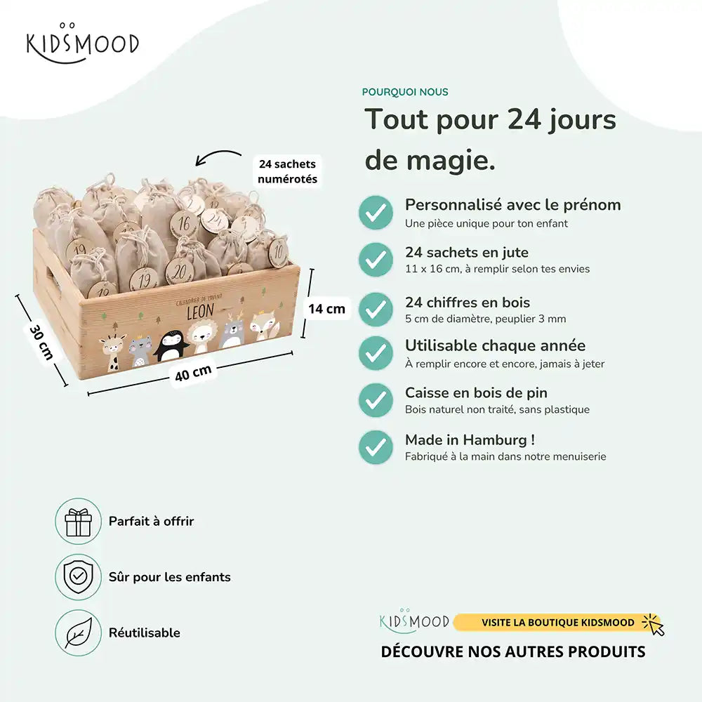 Calendrier de l'avent personnalisé, motif Amis du monde — Dimensions et contenu du set | Kidsmood