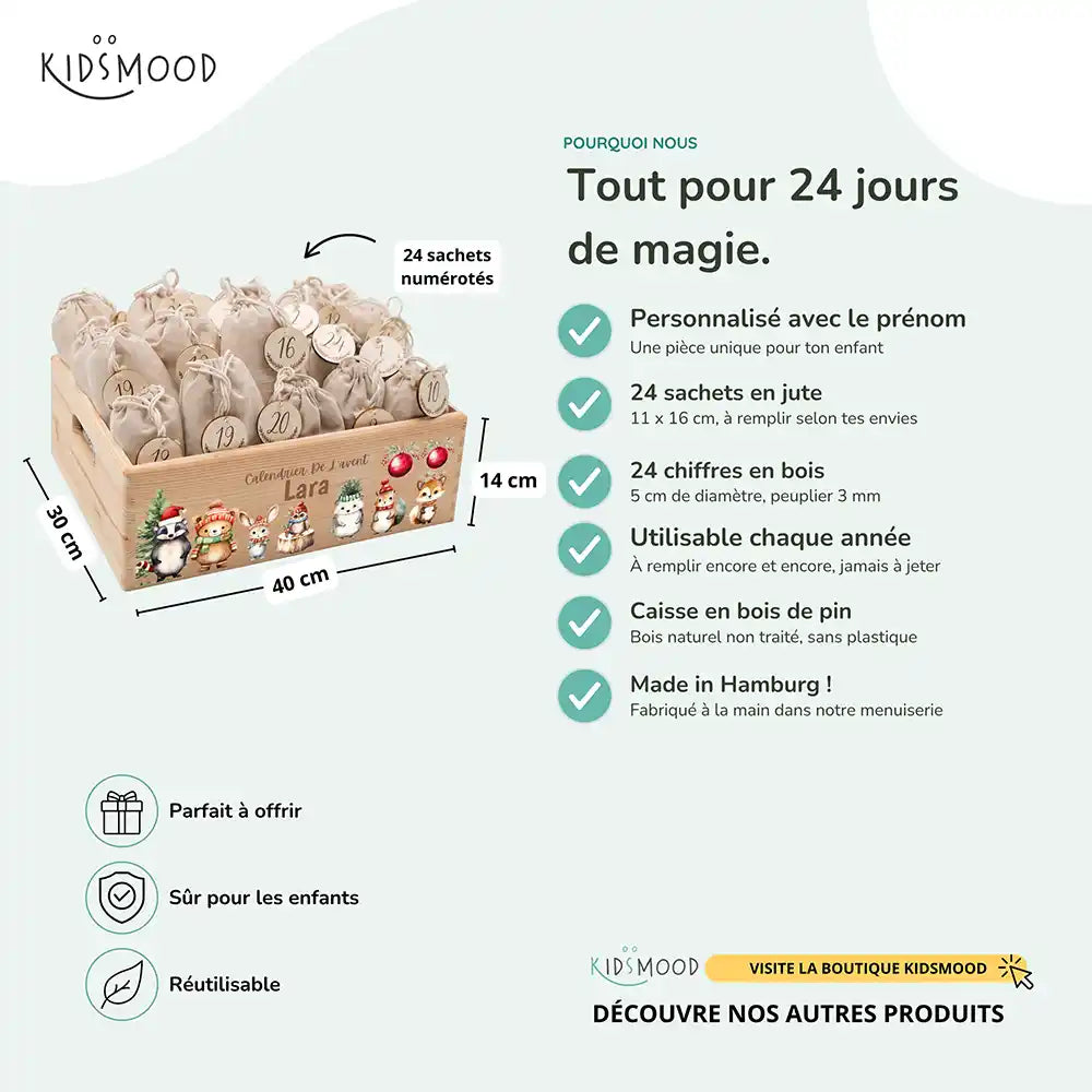 Calendrier de l'avent personnalisé, motif Blaireau et amis — Dimensions et contenu du set | Kidsmood