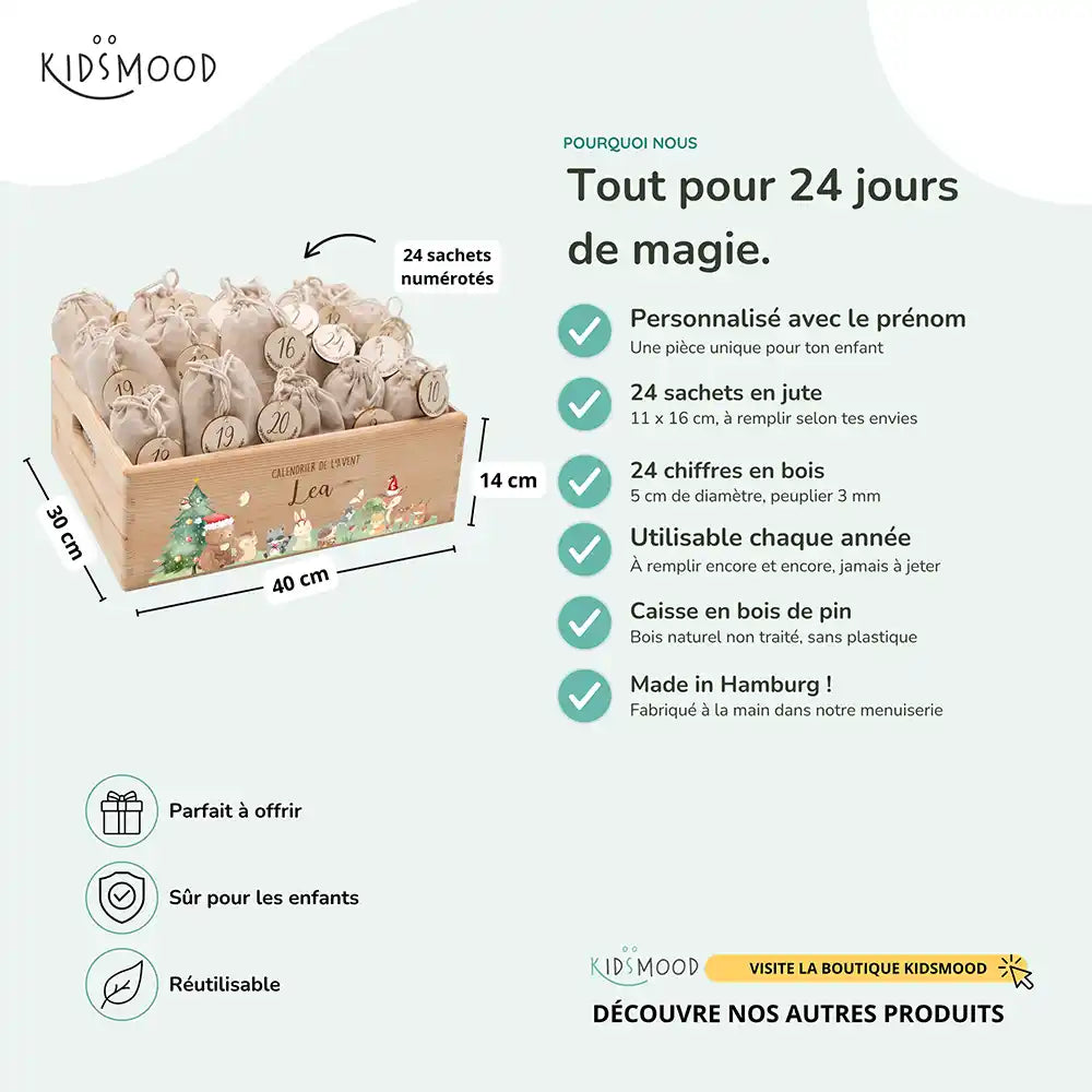 Calendrier de l'avent personnalisé, motif Famille de la forêt — Dimensions et contenu du set | Kidsmood