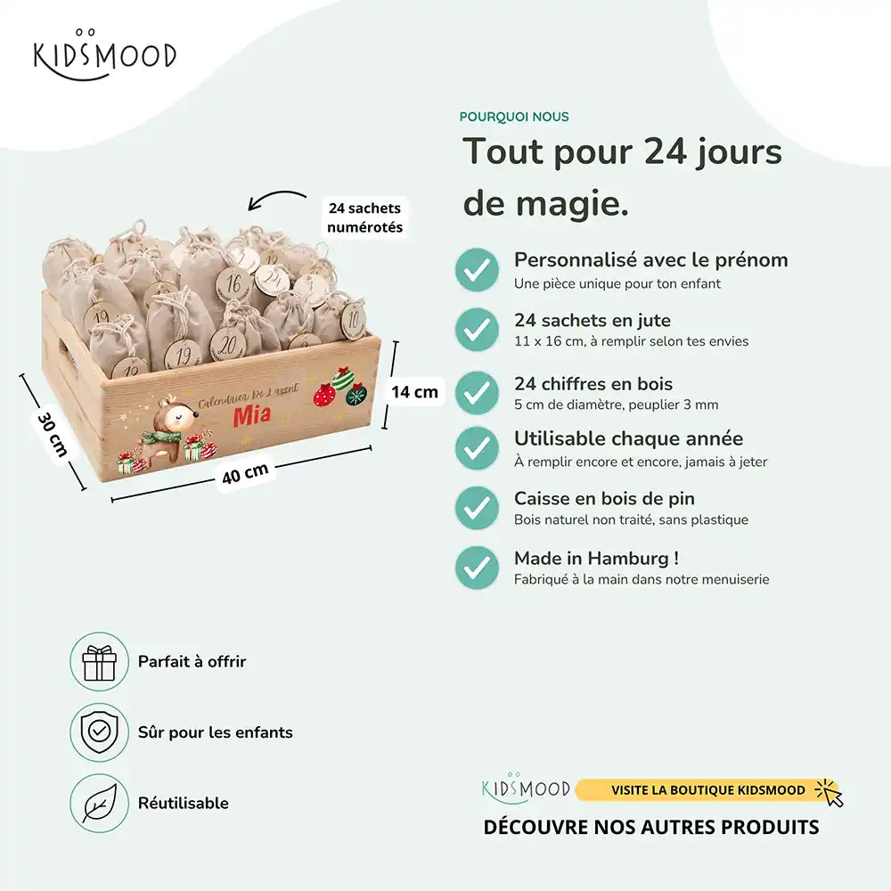 Calendrier de l'avent personnalisé, motif Faon au foulard — Dimensions et contenu du set | Kidsmood