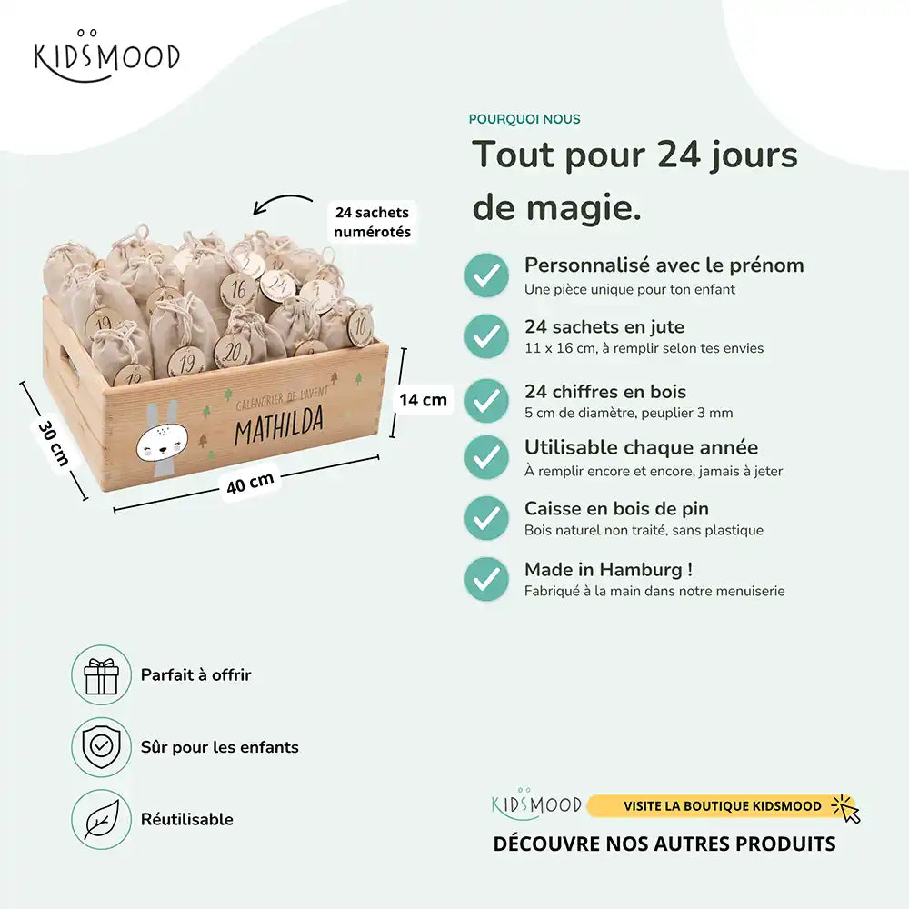 Calendrier de l'avent personnalisé, motif Lapin blanc — Dimensions et contenu du set | Kidsmood