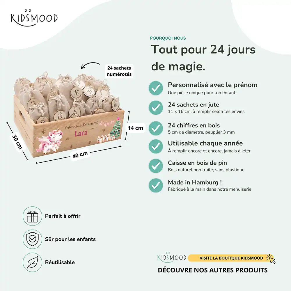 Calendrier de l'avent personnalisé, motif Licorne de Noël — Dimensions et contenu du set | Kidsmood