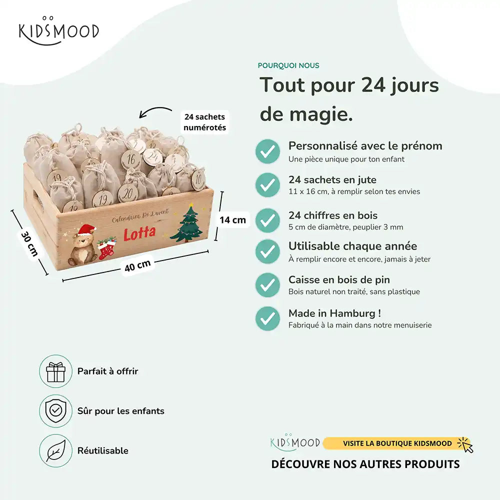 Calendrier de l'avent personnalisé, motif Ours et chaussettes — Dimensions et contenu du set | Kidsmood