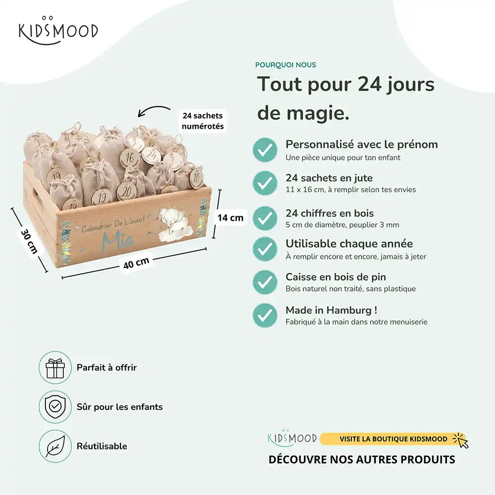 Calendrier de l'avent personnalisé, motif Petit éléphant — Dimensions et contenu du set | Kidsmood