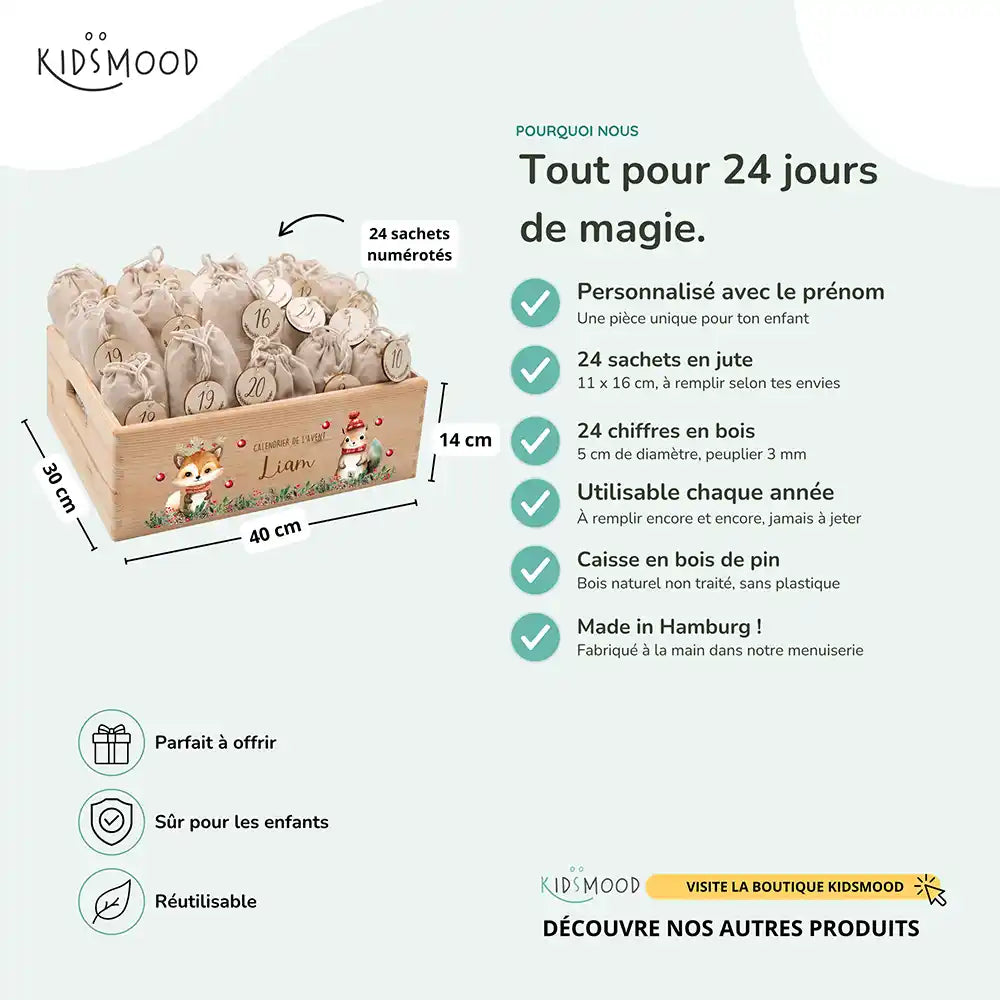 Calendrier de l'avent personnalisé, motif Renard et écureuil — Dimensions et contenu du set | Kidsmood