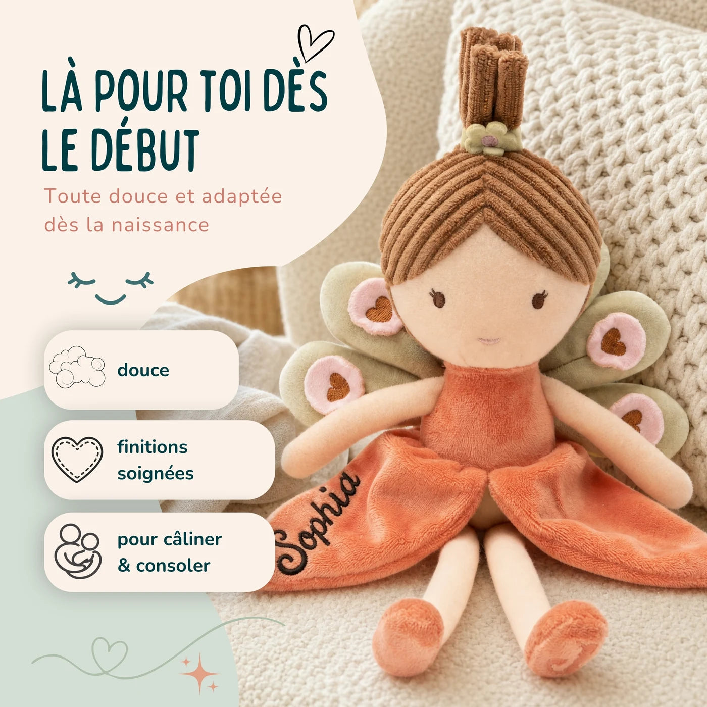 Peluche fée toute douce dès la naissance, coloris Corail — Kidsmood
