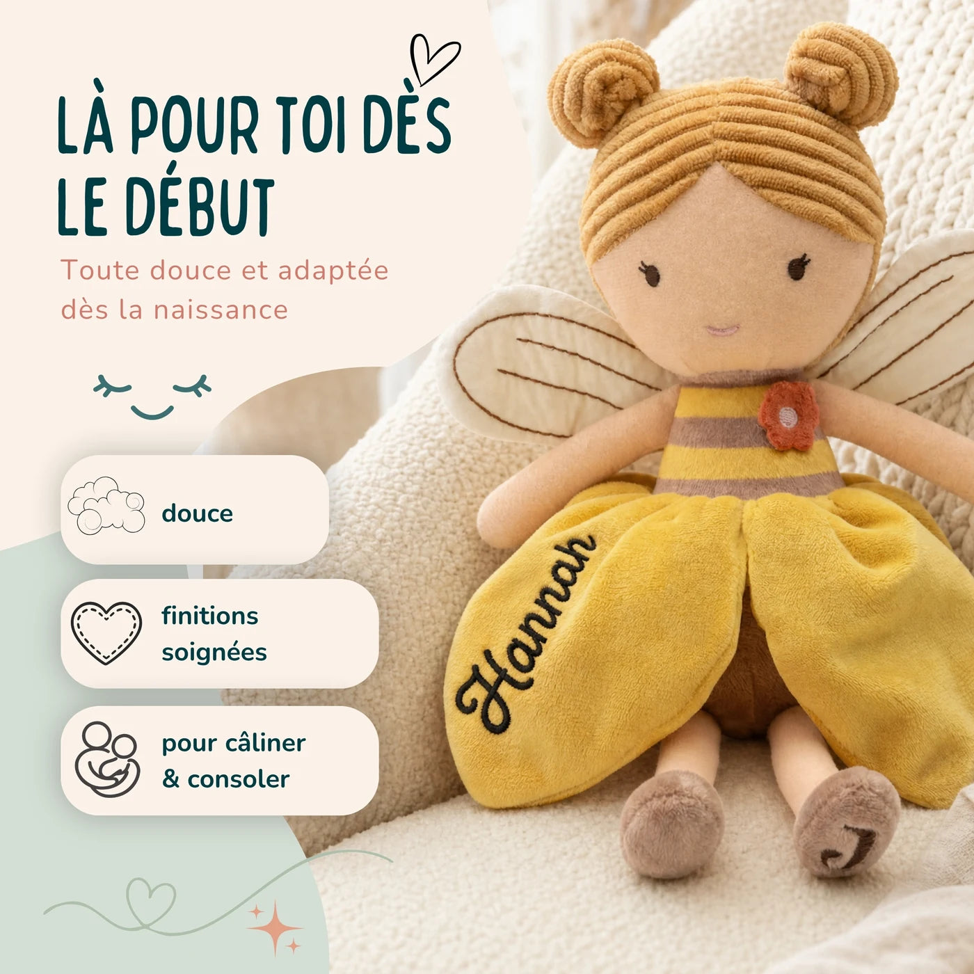 Peluche fée toute douce dès la naissance, coloris Miel — Kidsmood