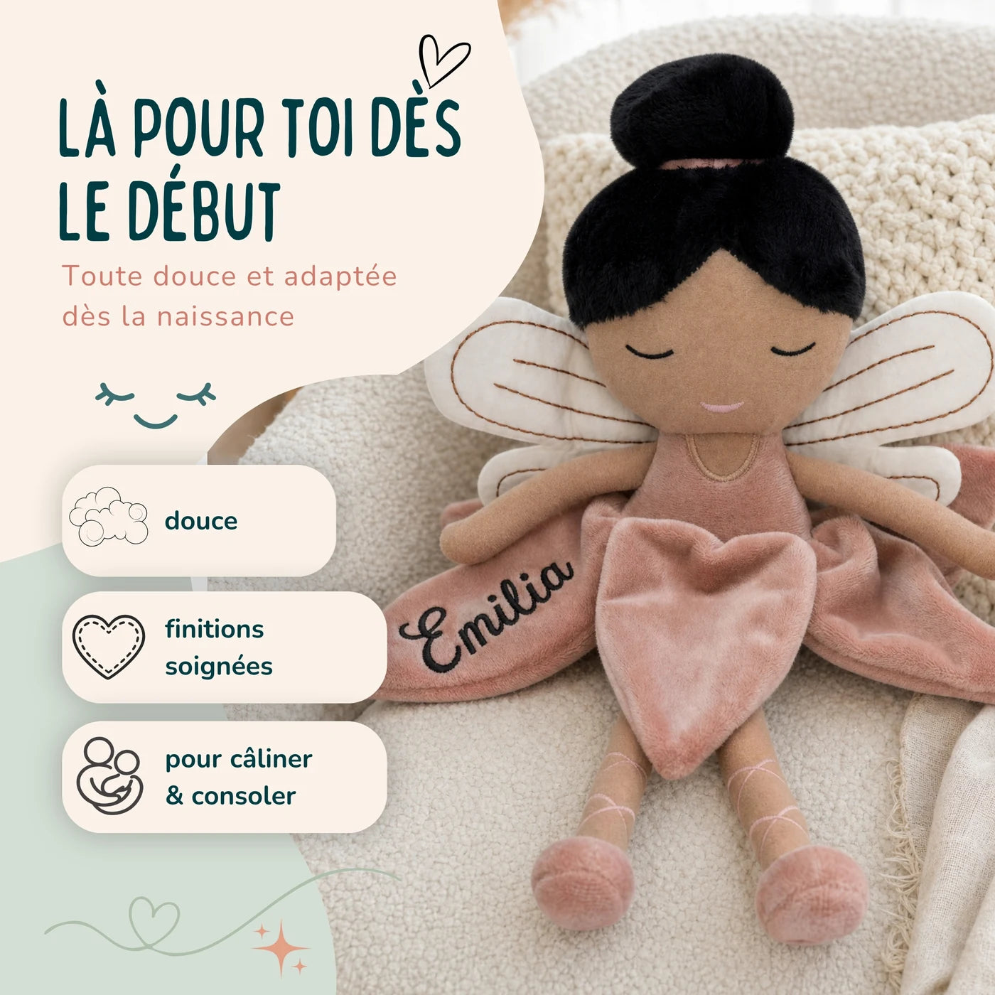 Peluche fée toute douce dès la naissance, coloris Rosé — Kidsmood