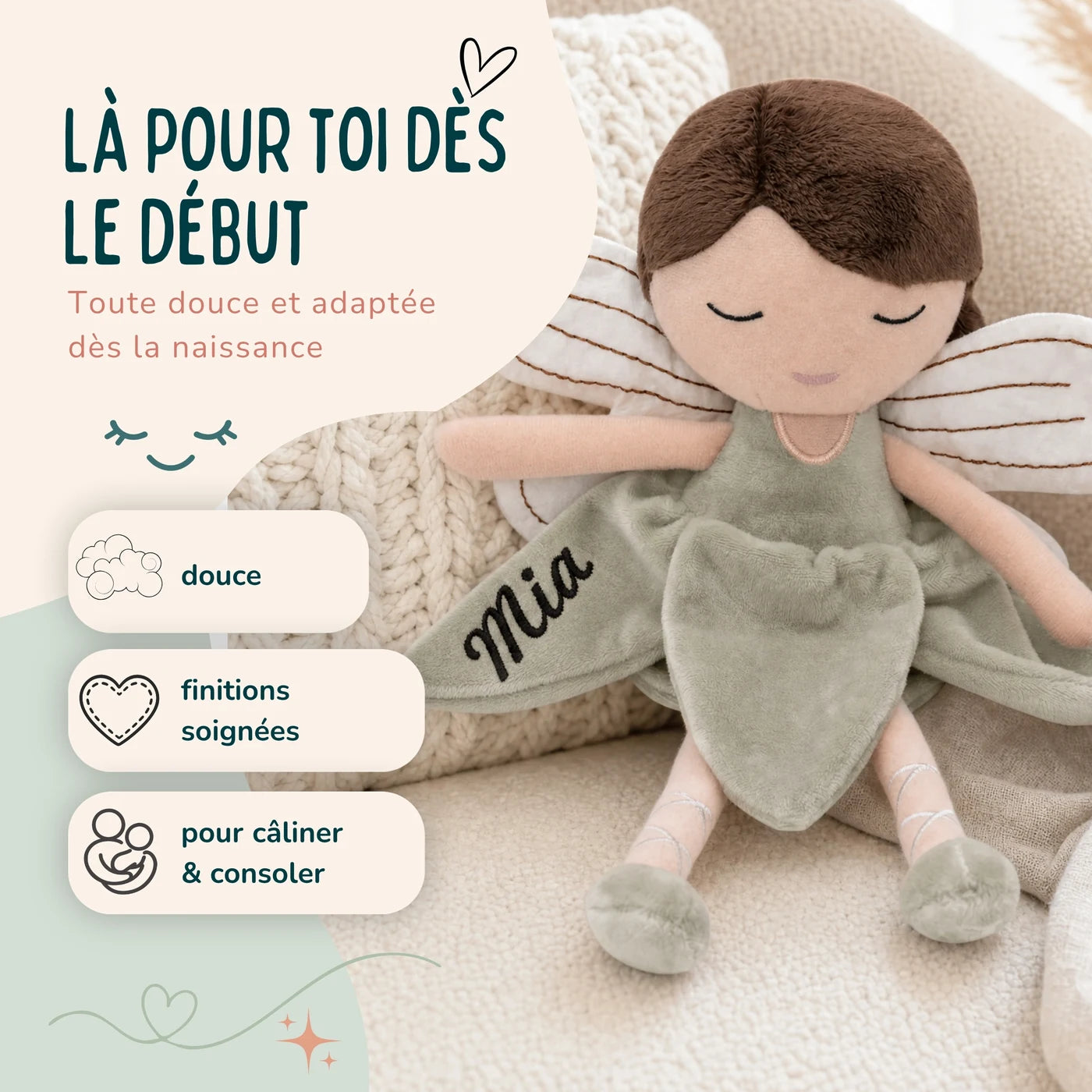 Peluche fée toute douce dès la naissance, coloris Sauge — Kidsmood