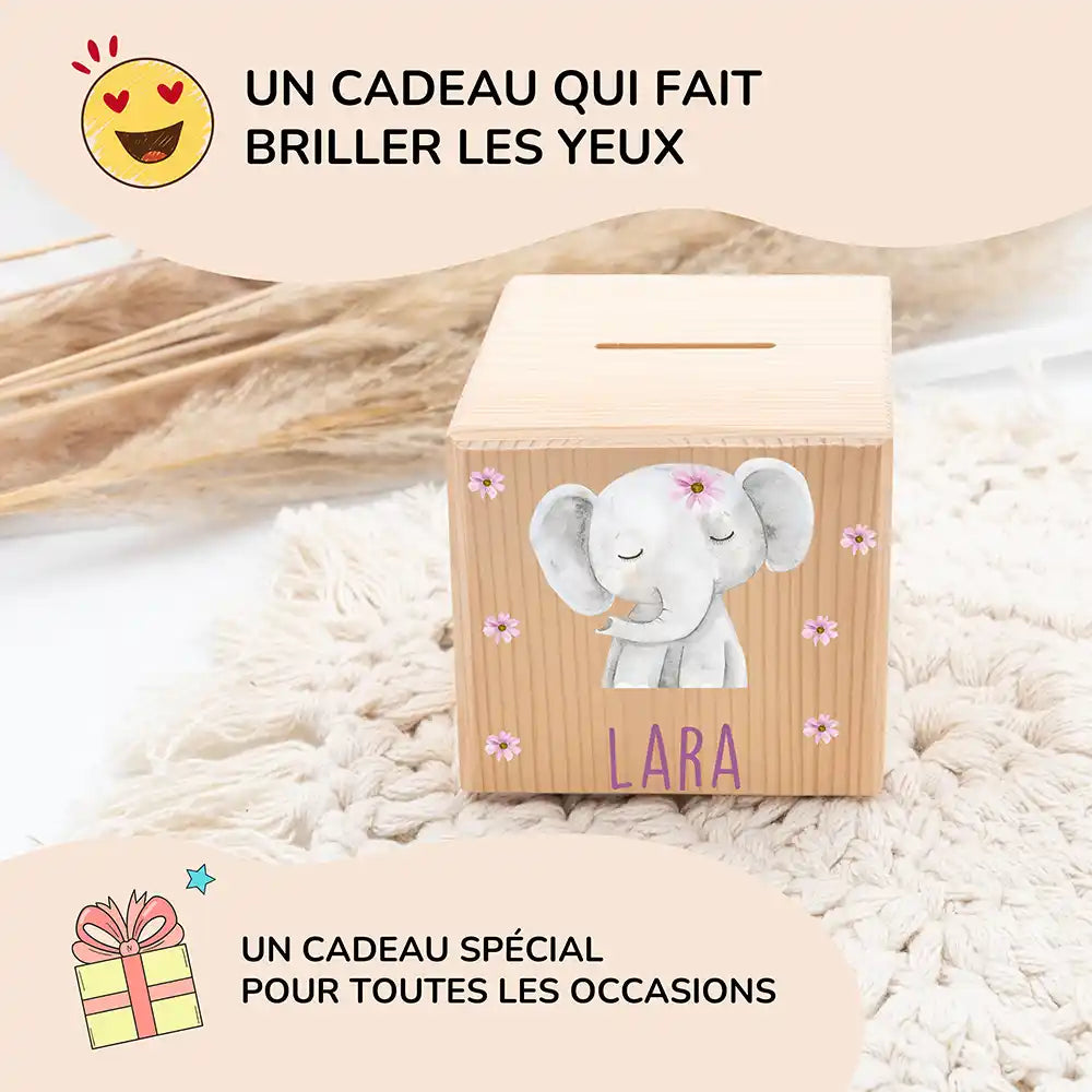 Tirelire personnalisée enfant pour un cadeau d'anniversaire, motif éléphant fleuri — Kidsmood