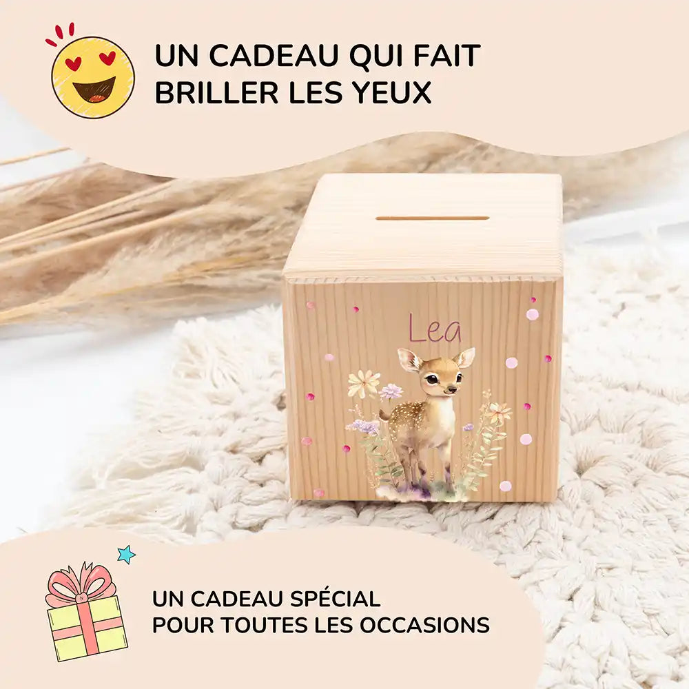 Tirelire personnalisée enfant pour un cadeau d'anniversaire, motif faon des prés — Kidsmood