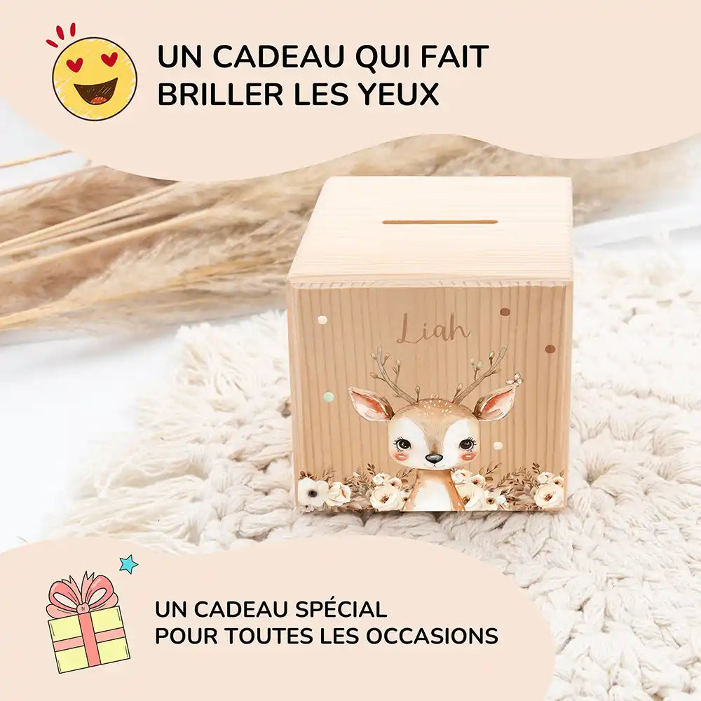 Tirelire personnalisée enfant pour un cadeau d'anniversaire, motif faon fleuri — Kidsmood