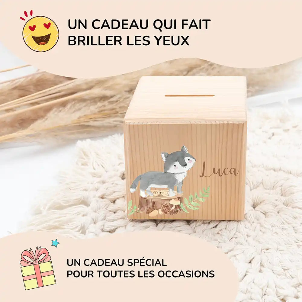 Tirelire personnalisée enfant pour un cadeau d'anniversaire, motif loup — Kidsmood