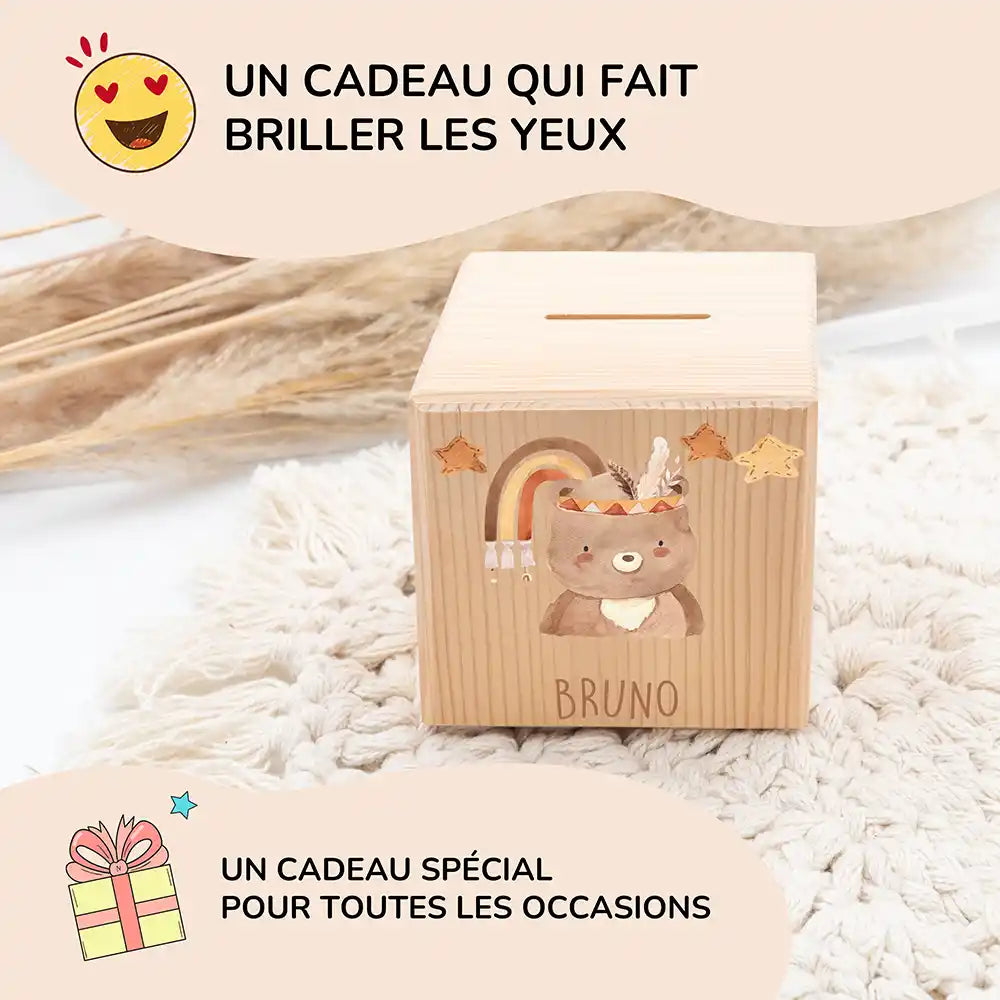 Tirelire personnalisée enfant pour un cadeau d'anniversaire, motif ours bohème — Kidsmood