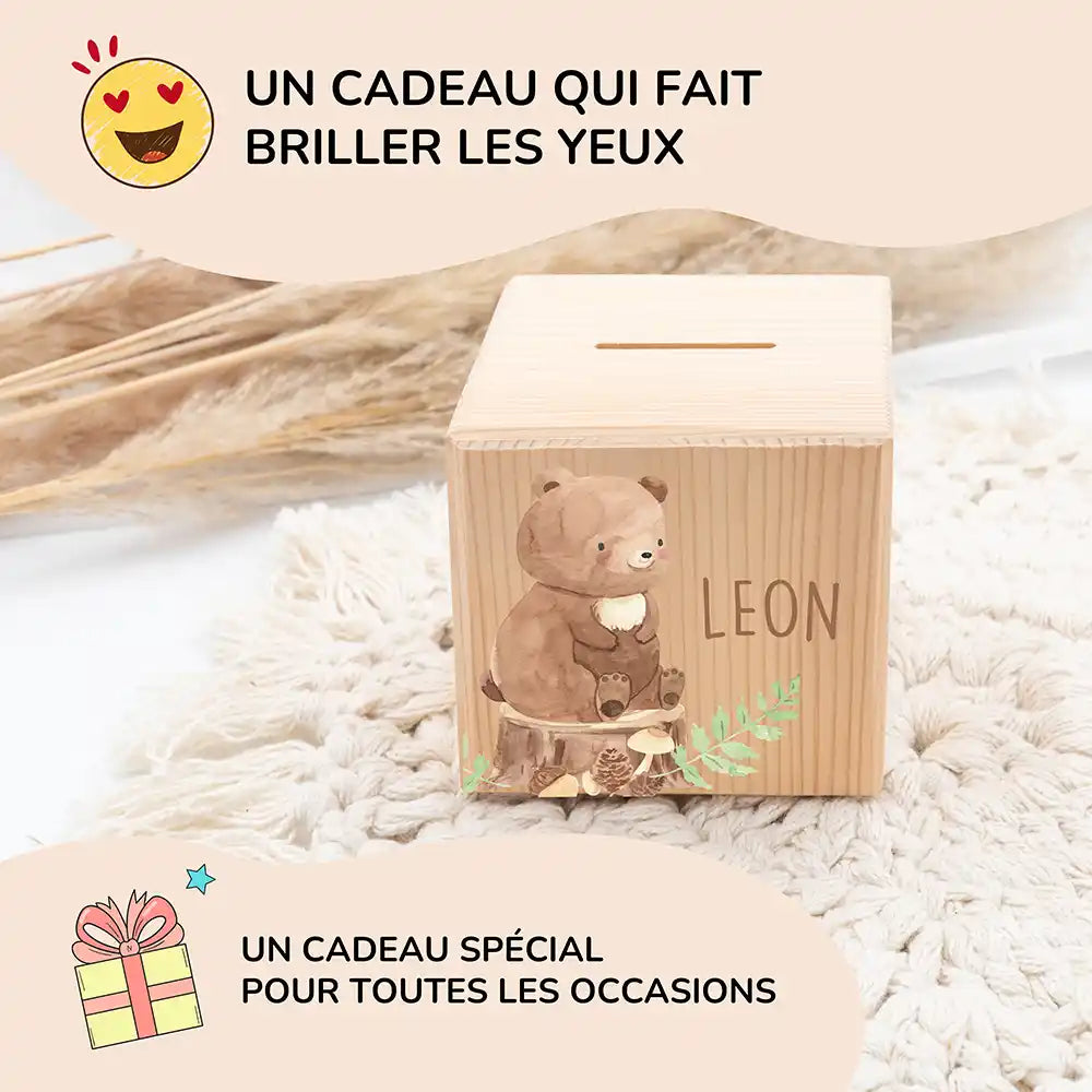 Tirelire personnalisée enfant pour un cadeau d'anniversaire, motif ours des bois — Kidsmood
