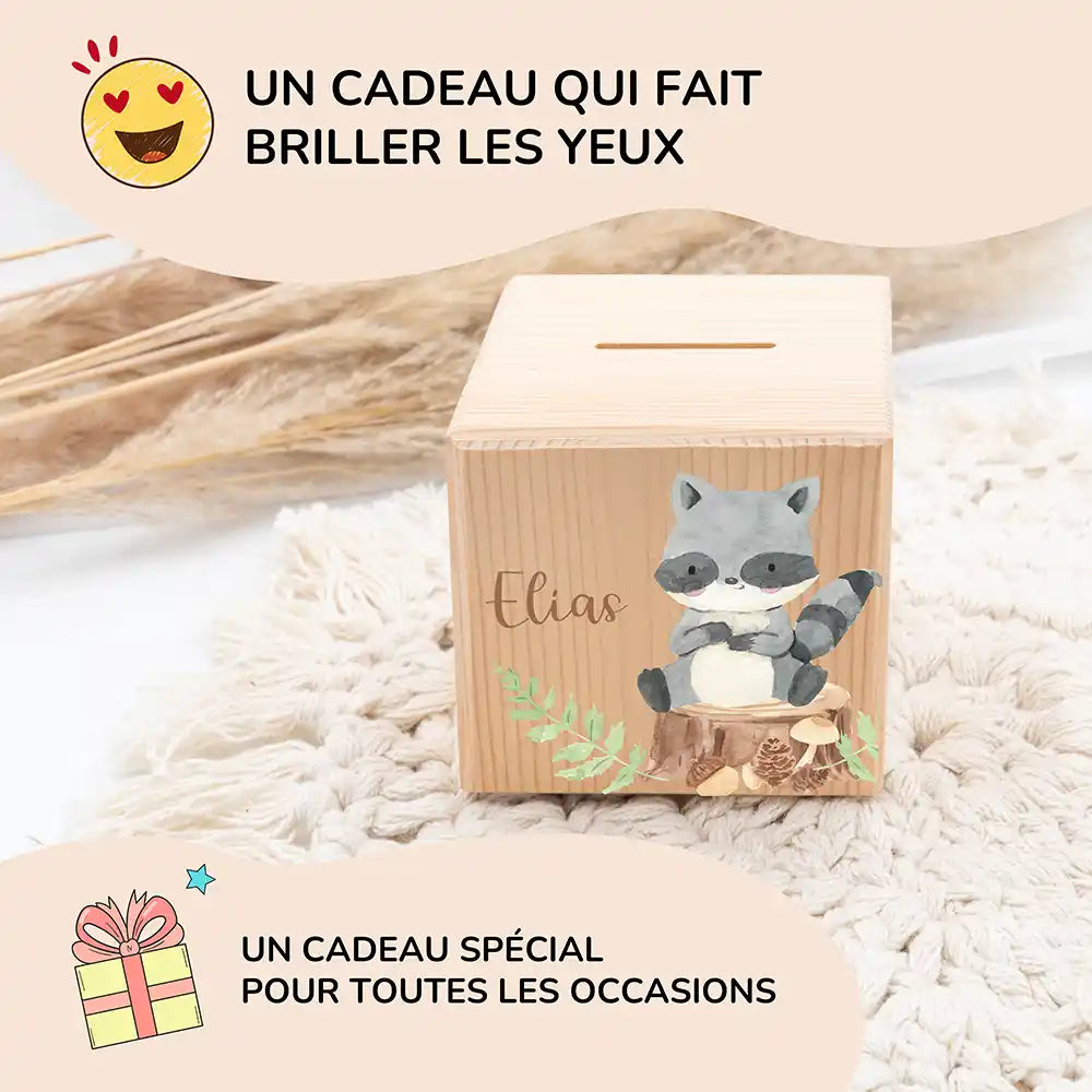 Tirelire personnalisée enfant pour un cadeau d'anniversaire, motif raton laveur — Kidsmood