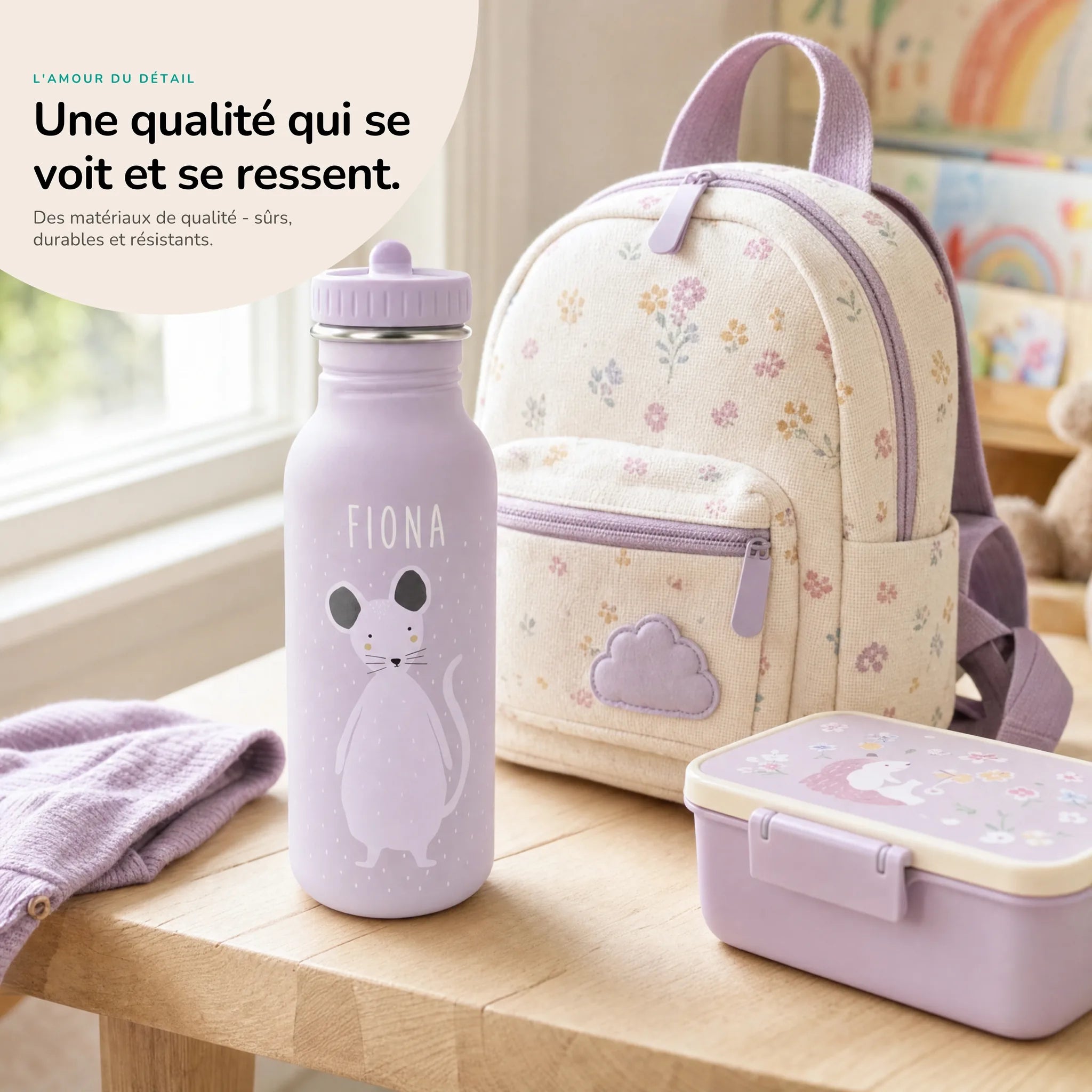 Gourde inox enfant motif Souris, acier robuste — Kidsmood