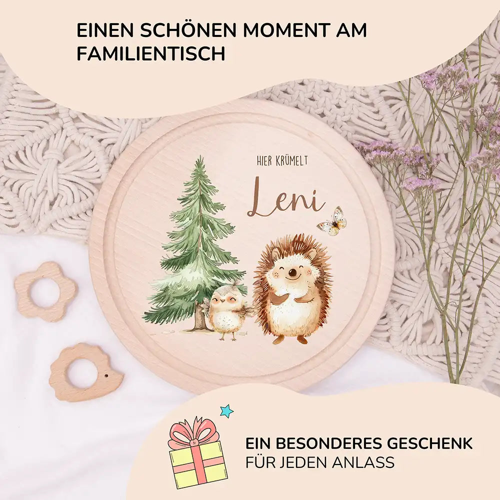 Rundes personalisiertes Frühstücksbrettchen Igel mit Namen für Kinder