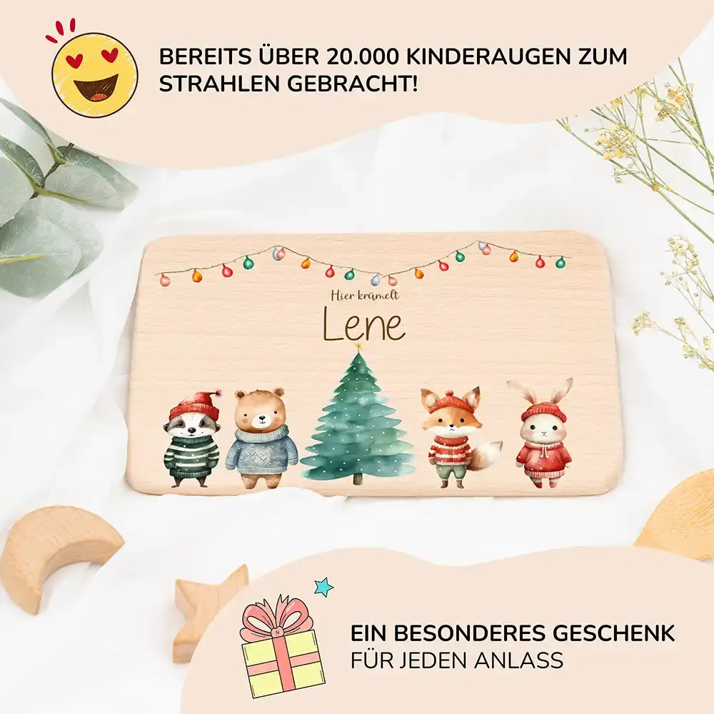 Frühstücksbrettchen Weihnachten mit Tieren und Lichterkette - Geschenk Weihnachten